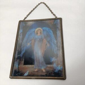 Vtg Lina Lui Holy Angel Glass Hanging Decor Religious Angelic Guardian Plaque